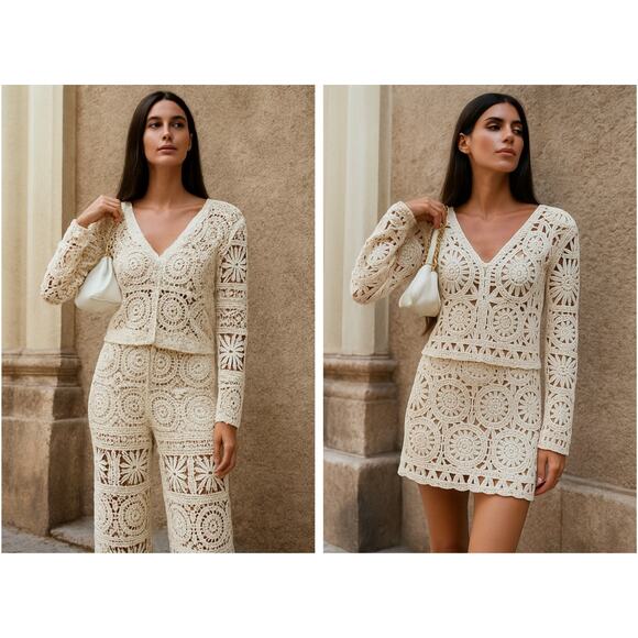 MSRP $125 | NWT ✨ AZ 3-Piece Crochet Boho Set – Top, Pants & Skirt | Size S/M ✨ - Picture 1 of 10